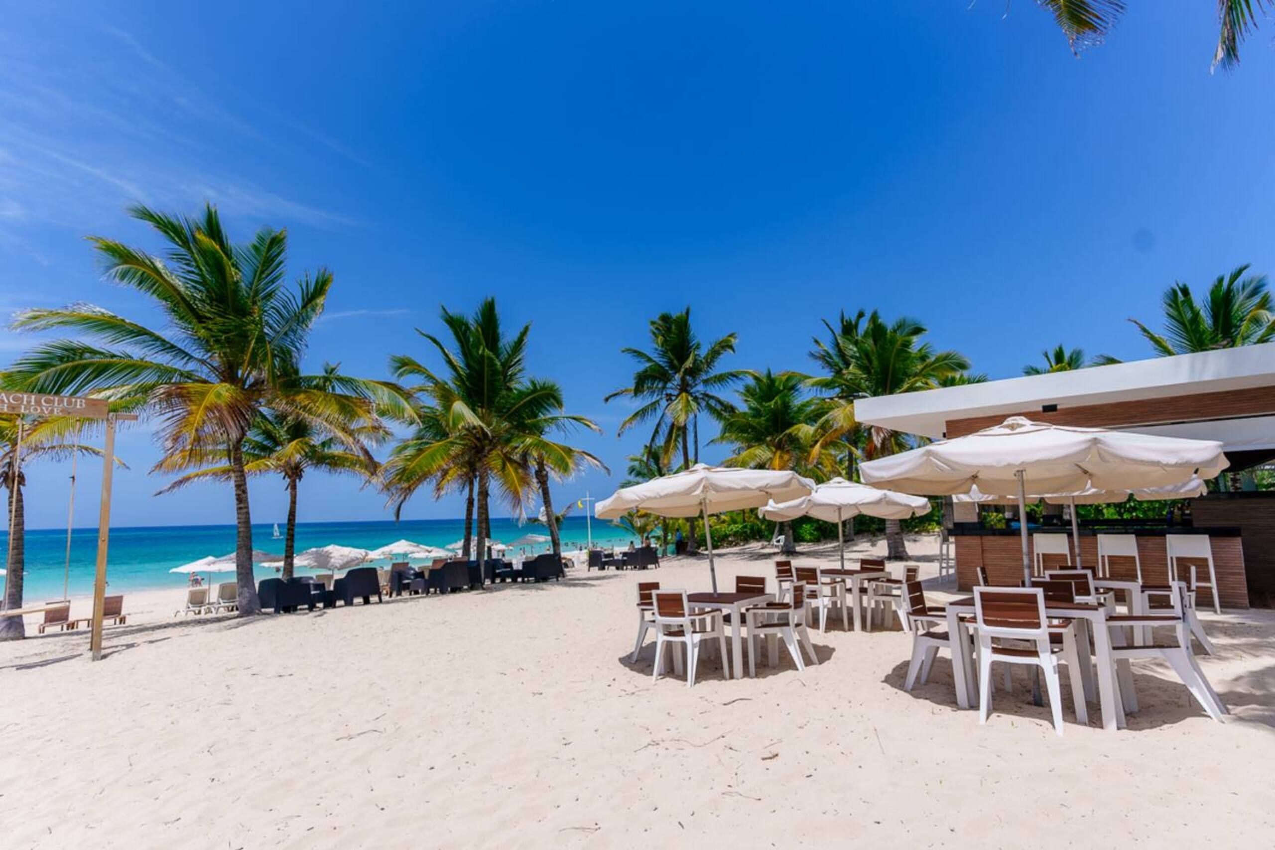 White-sand beach with palm trees, umbrellas and tables at the beach club