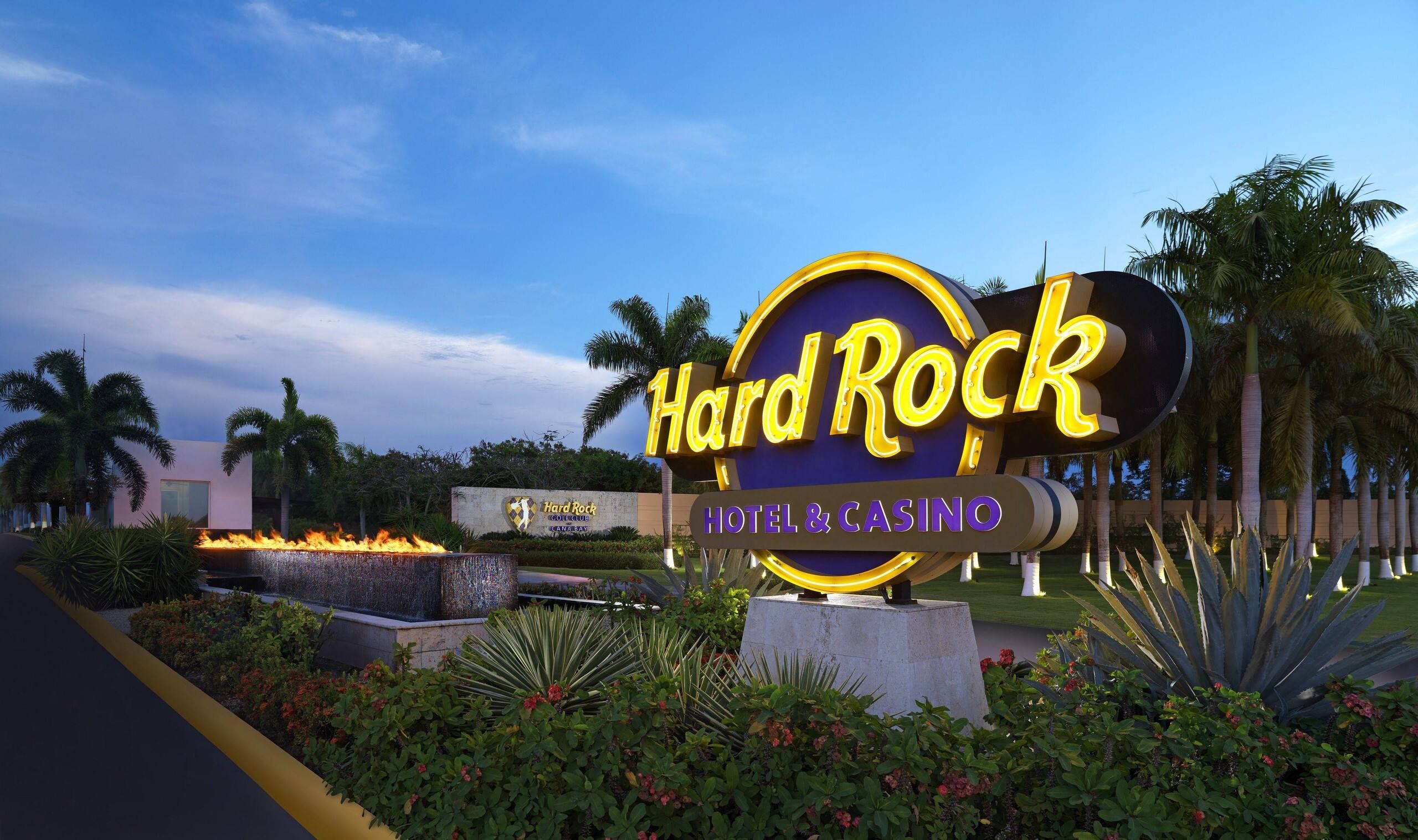 Hard Rock Hotel & Casino sign at the entrance to the resort area in Punta Cana